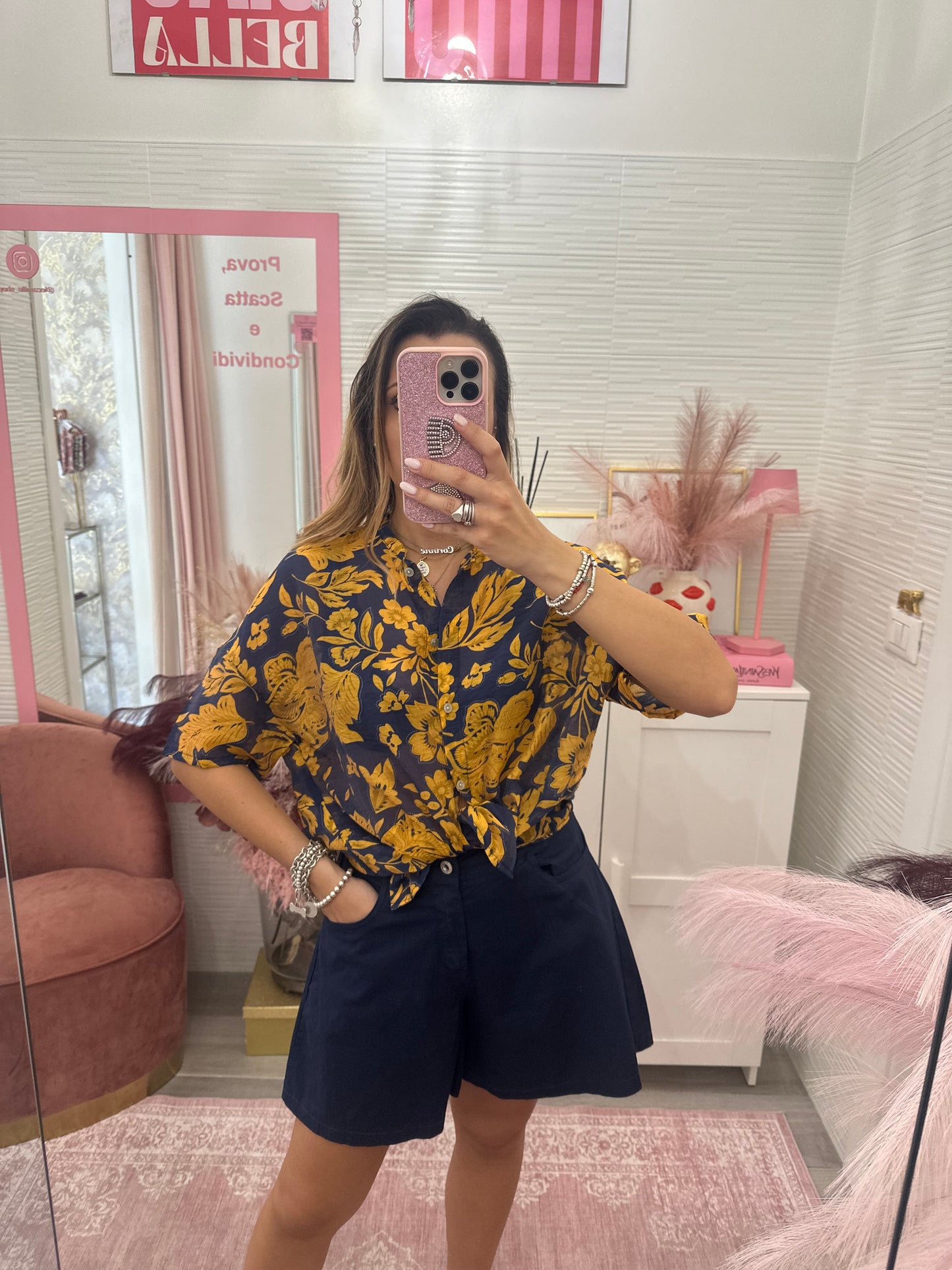 Camicia coreana fantasia blu ocra