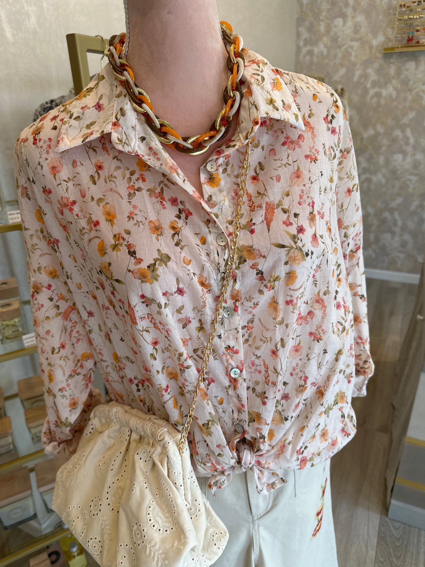 Camicia micro fiori arancio