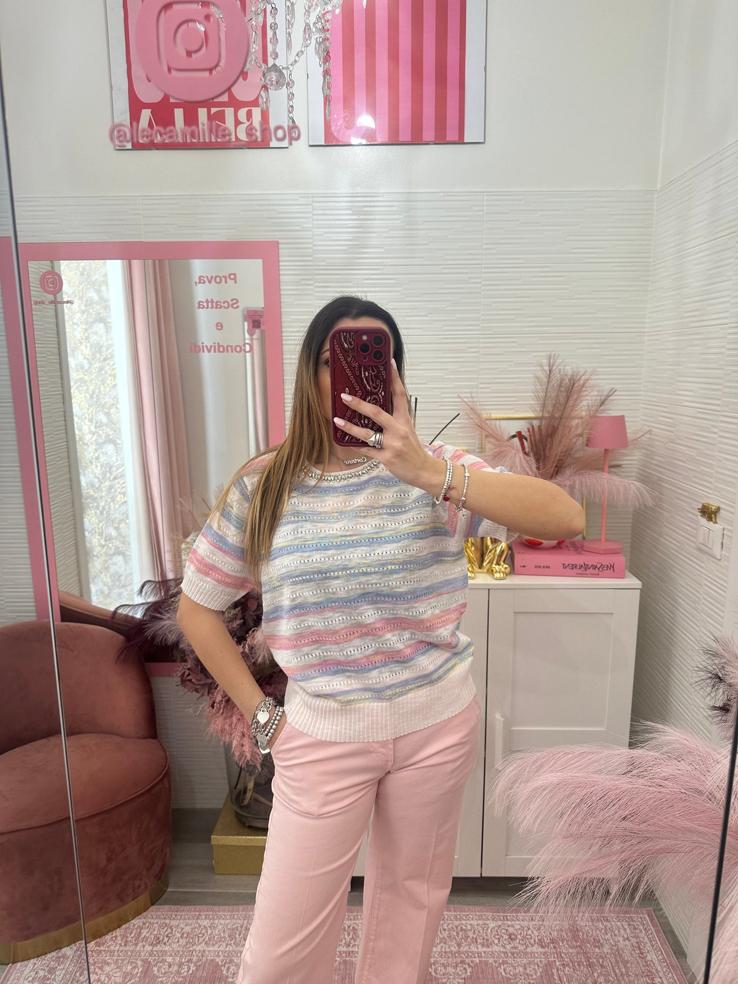 Maglia girocollo strass rosa