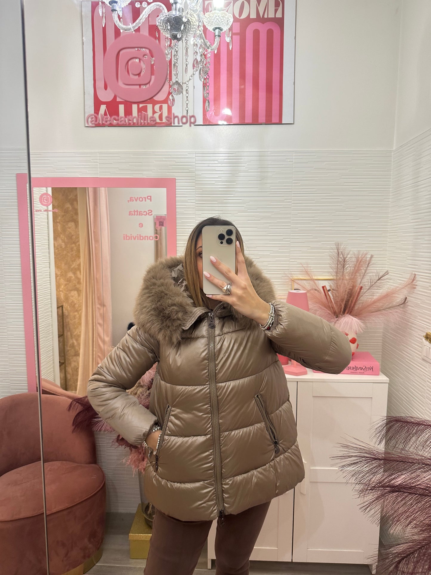 Piumino con cappuccio Taupe