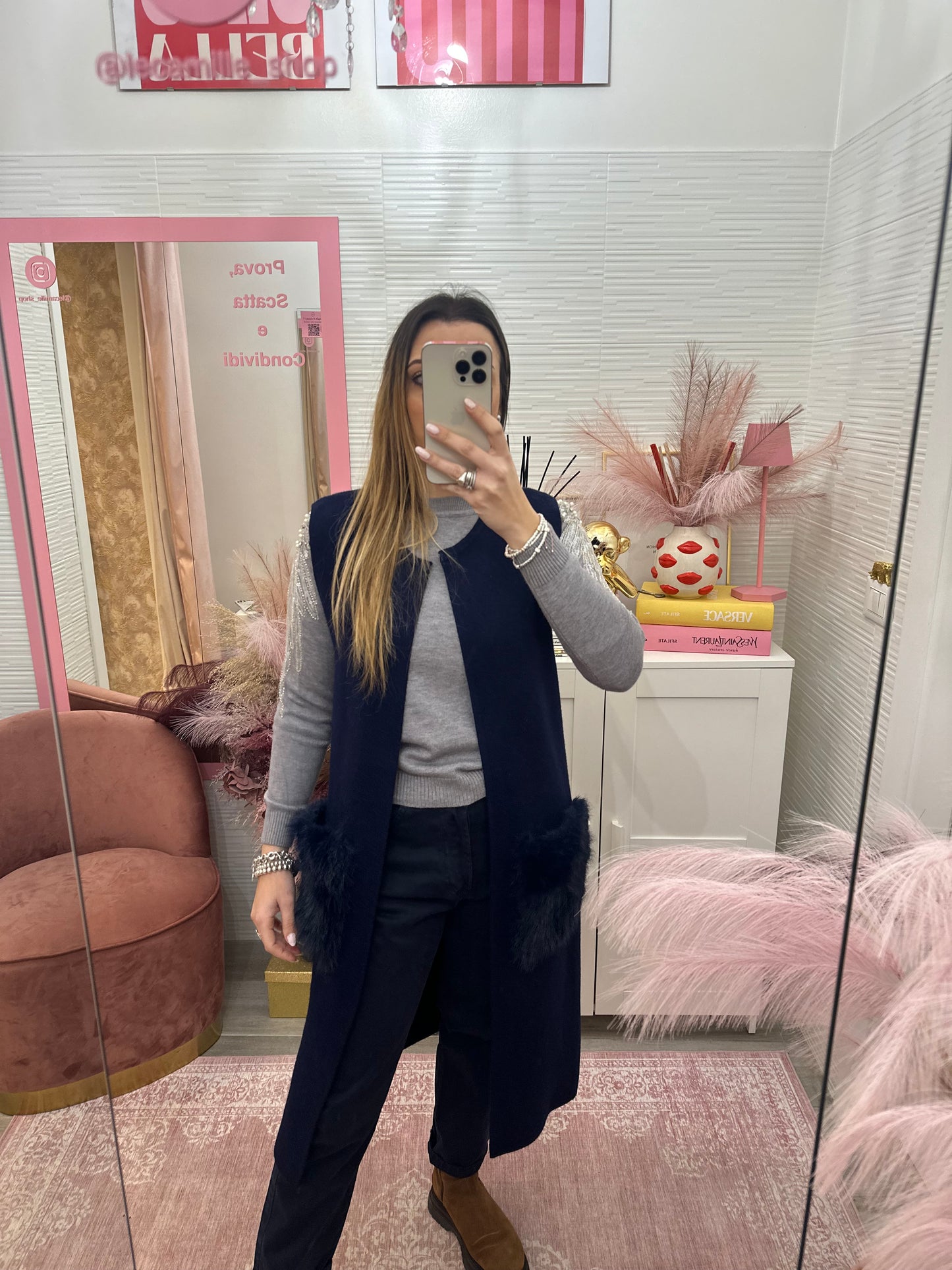 Gilet in maglia con tasche in ecofur