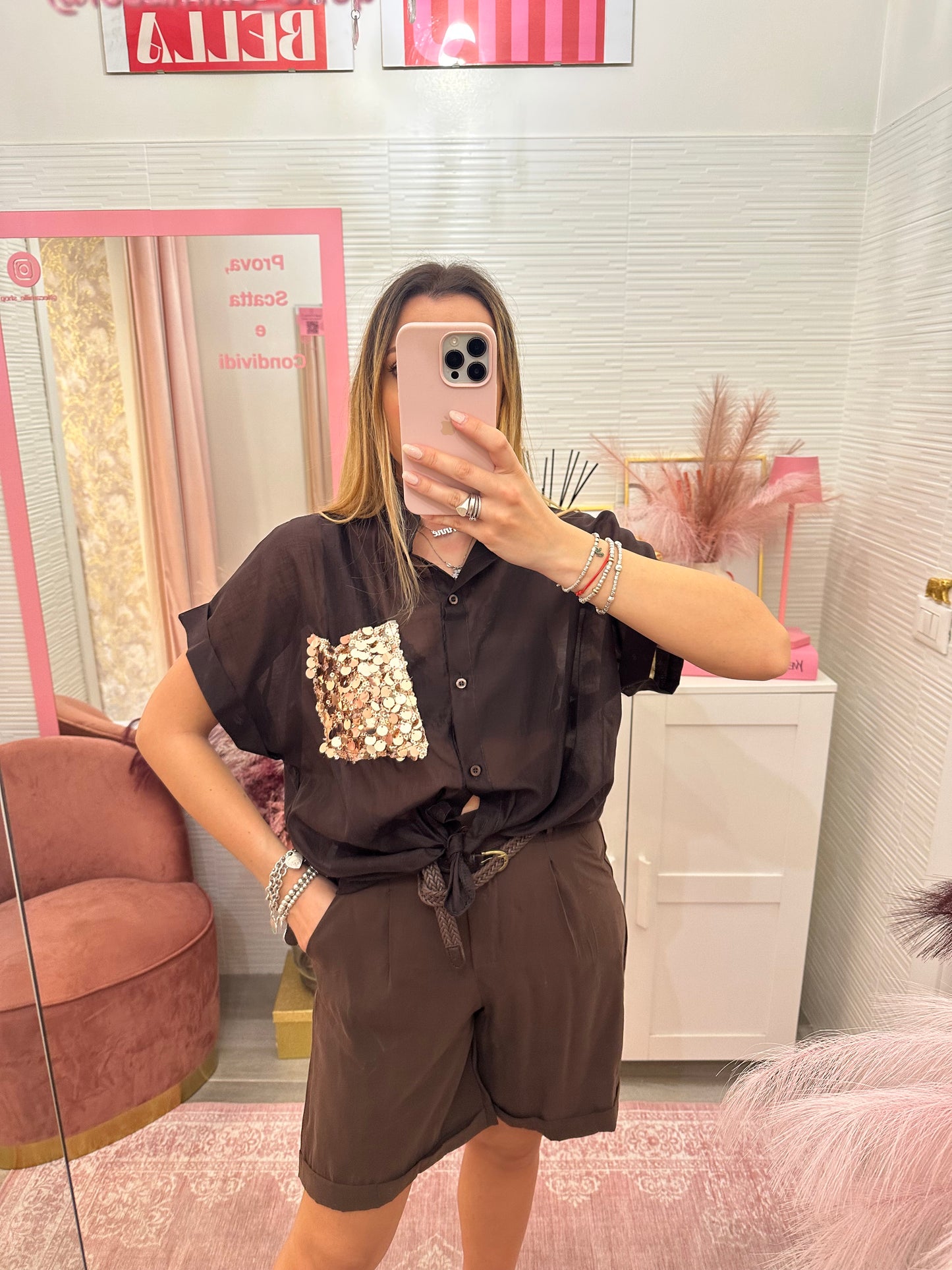 Camicia velata cioccolato con paillettes