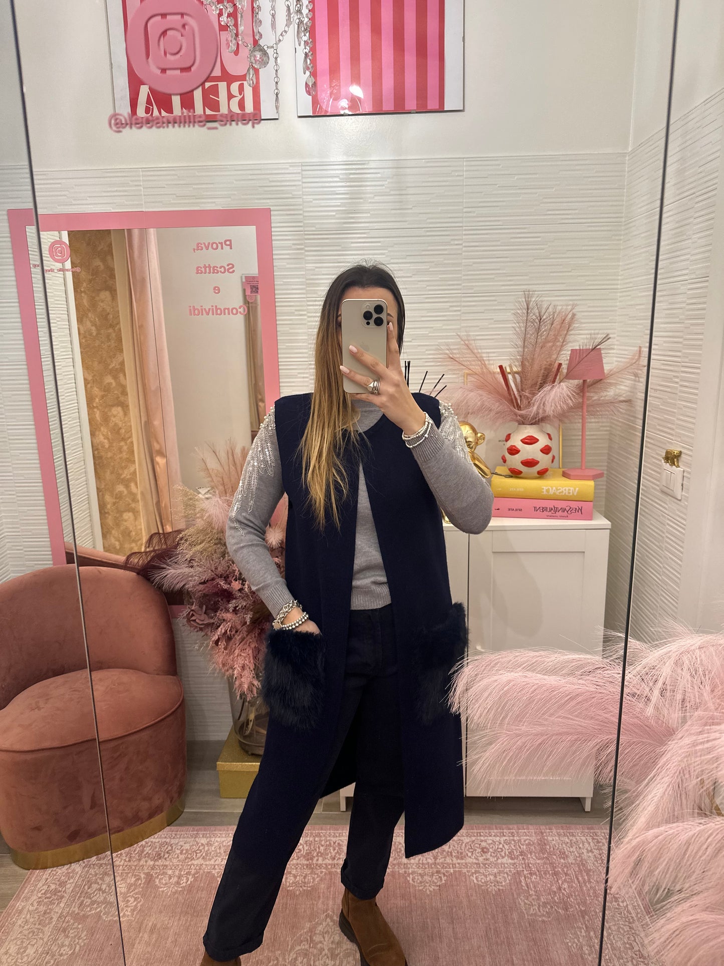 Gilet in maglia con tasche in ecofur