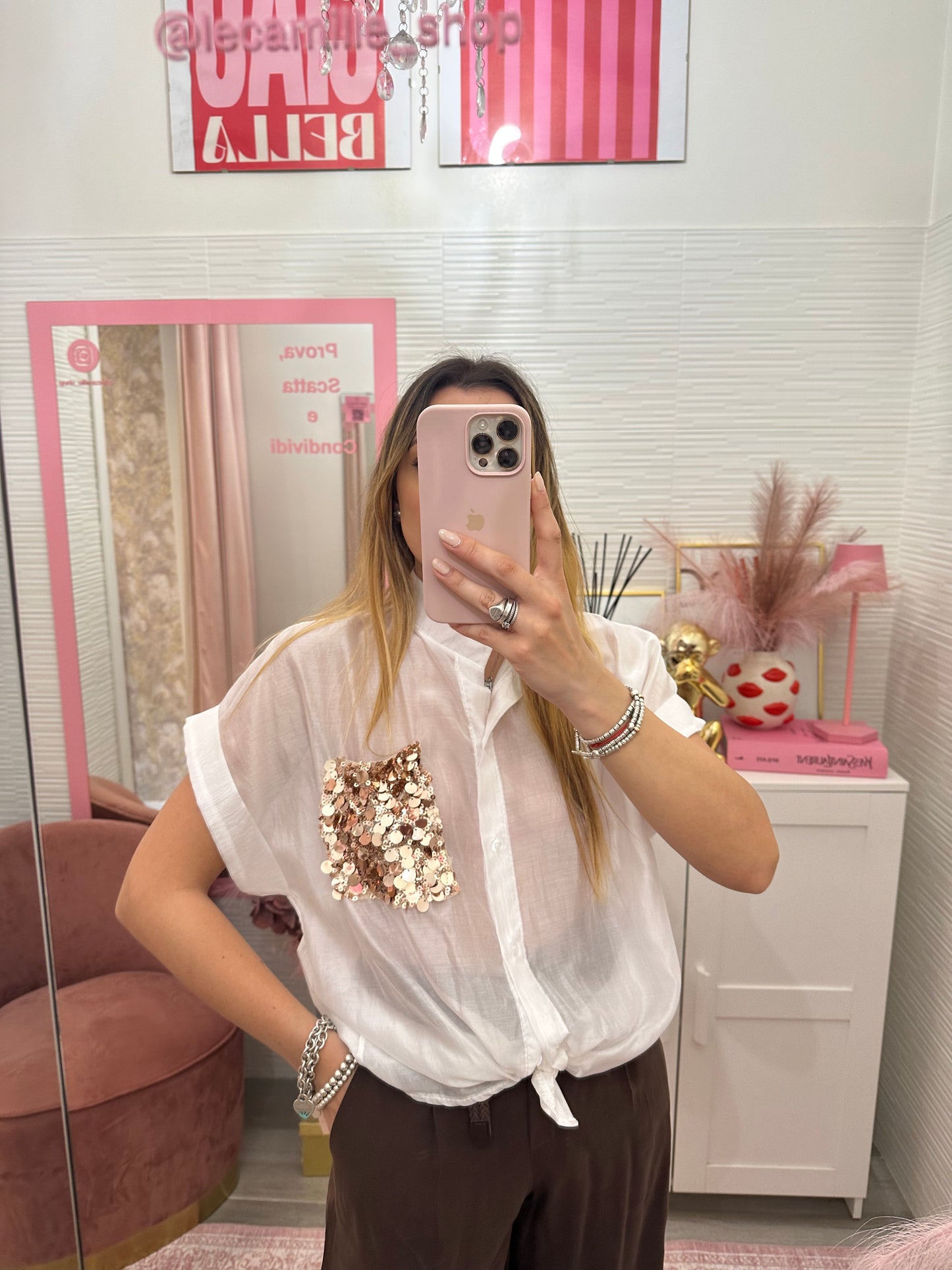 Camicia velata bianca con paillettes