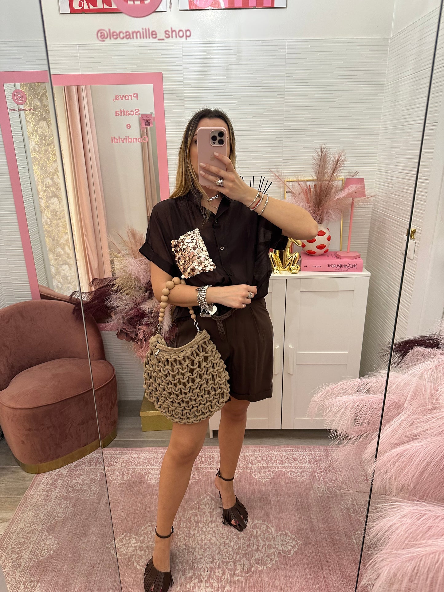 Camicia velata cioccolato con paillettes