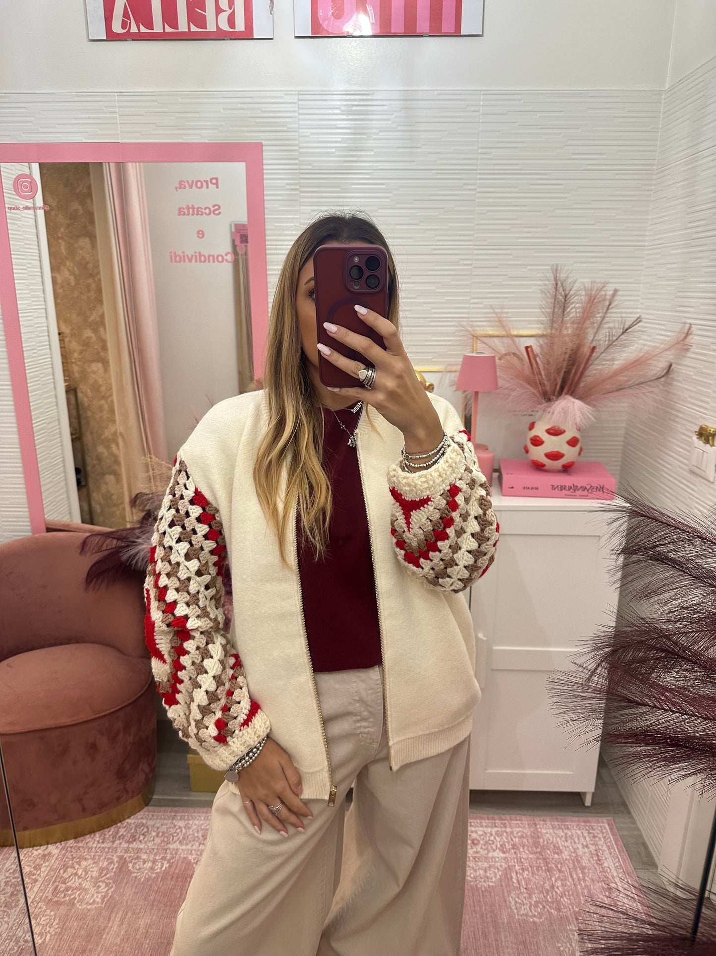 Bomber crochet zip panna